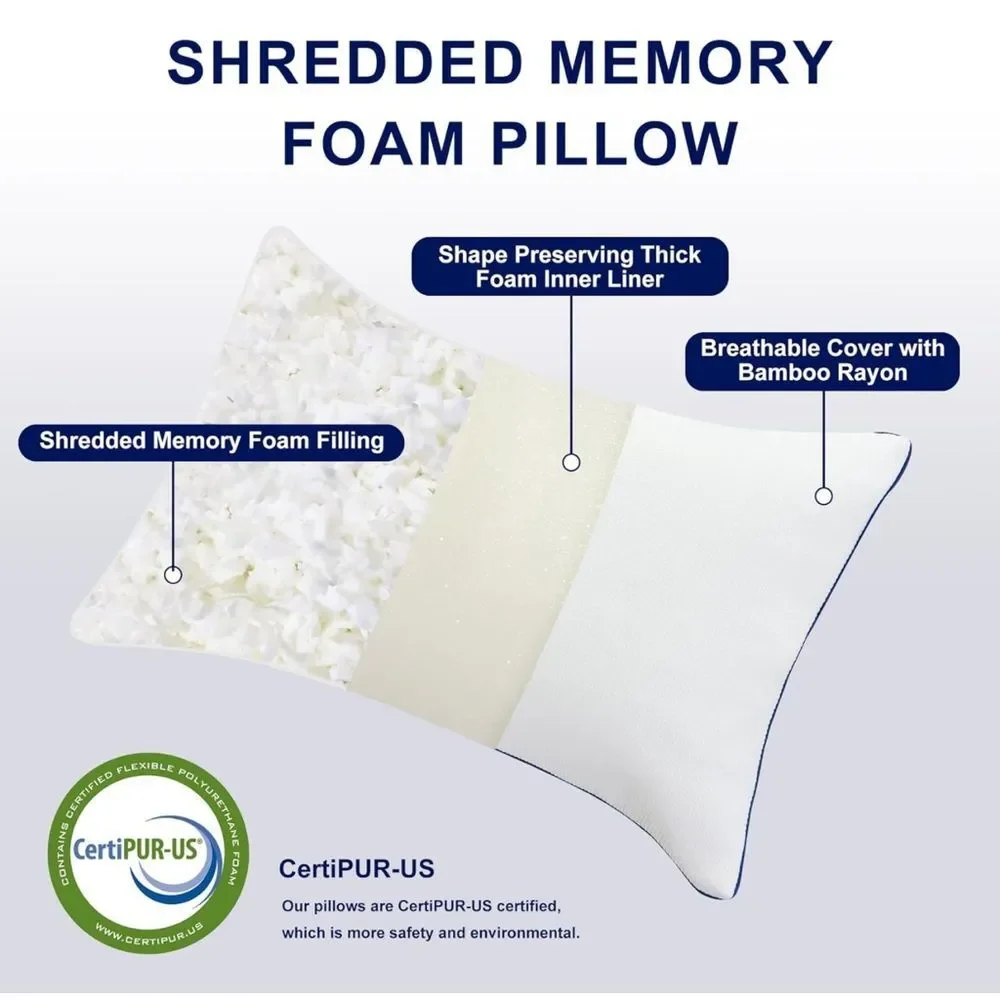 Pillow Shredded Memory Foam Queen Size White 1 Removable Bamboo Cover 20x30 in O